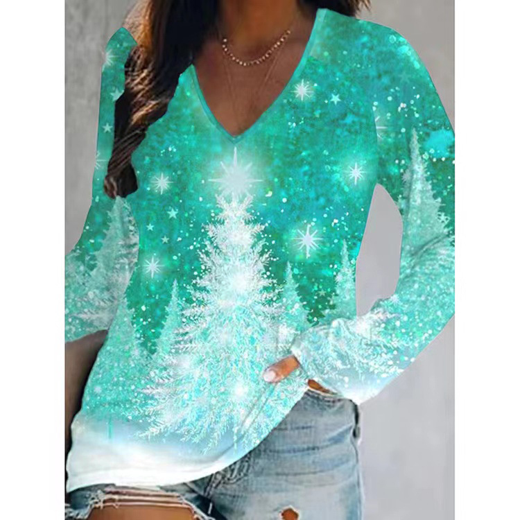 Women's T-shirt Long Sleeve Blouses Printing Casual Christmas Tree display picture 6