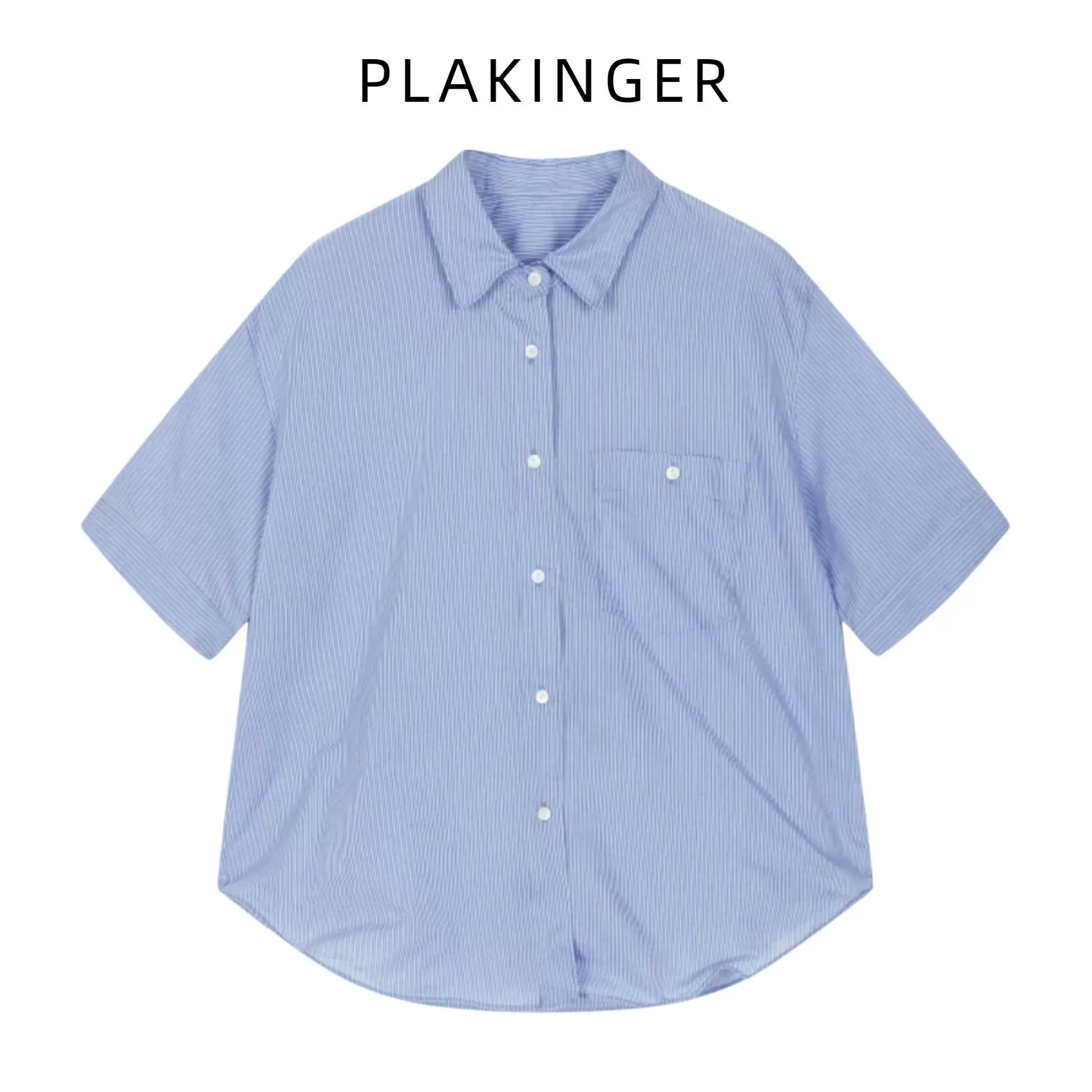 26夏新品棉丝短袖衬衫女翻领蓝色条纹上衣美式通勤休闲风宽松衬衣