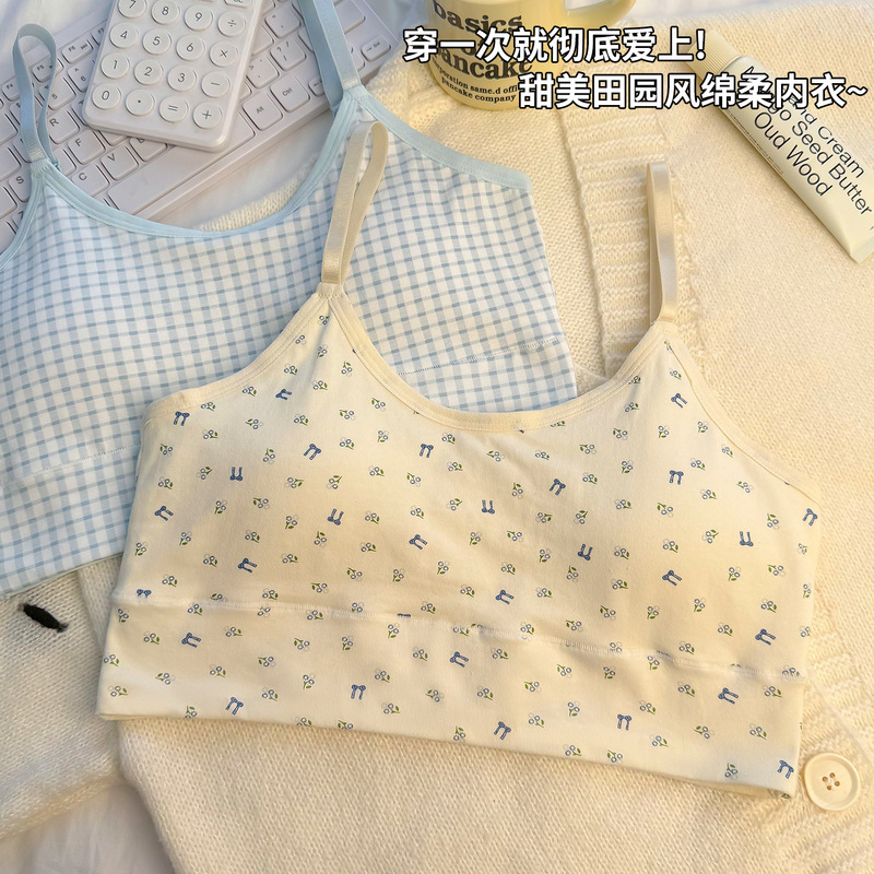 Pure Cotton Sweet Floral Polka Dot Bra for Girls in Their Developmental Stage, with Fixed Cups, Comfortable and Soft, One-Piece Comfortable Backless Bra