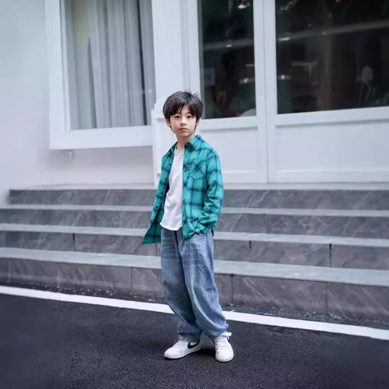 Children's Wear Flannel Shirt Cotton Scrub Long-Sleeved Casual Plaid Jacket Windbreaker Plaid Top for Boys and Girls
