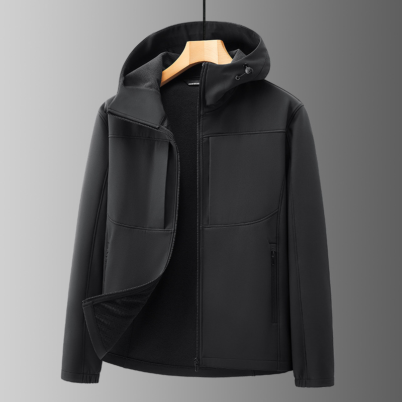 Men's Anti-Wrinkle Large Size Spring and Autumn Thin Velvet Hooded Multi-Pocket Jacket Windproof Jacket Soft Shell Jacket Wholesale