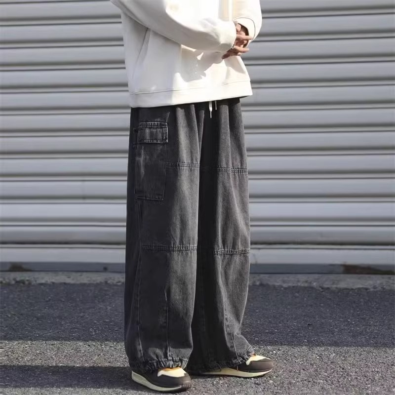 Lazy Vintage Tooling Wide-leg Jeans Men's Hong Kong Style Loose Oversize Big Pocket Retro Street Trousers_mkmklike.com