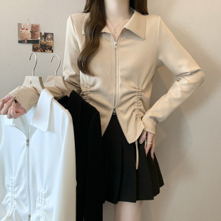 2024 Autumn New chubby girl plus size Women's Design Sense Double Zipper Drawstring Lapel Long Sleeve Top