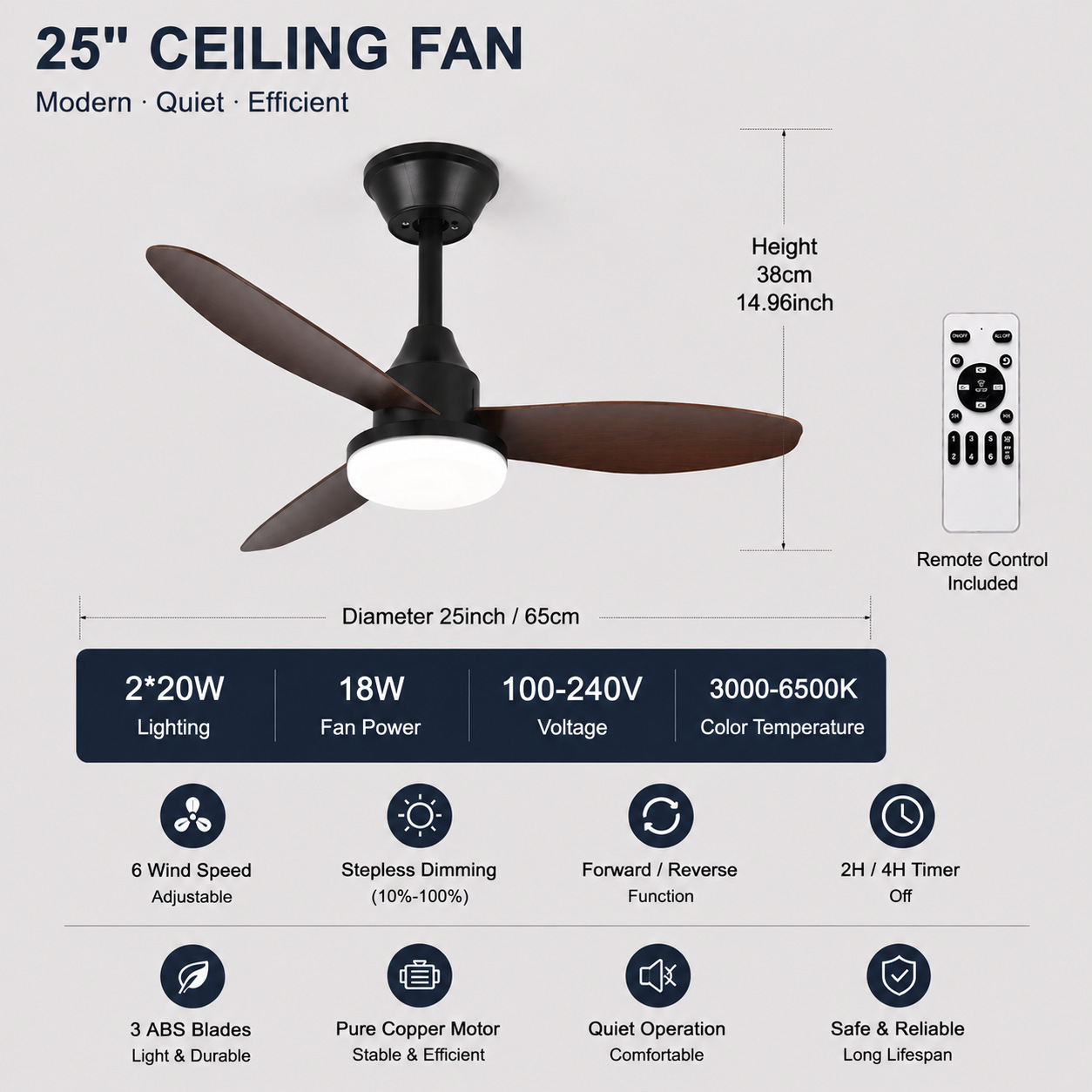 Ventilador de Techo Retro con Luz de Acrílico y ABS con Control Remoto para Sala de Estar y Comedor