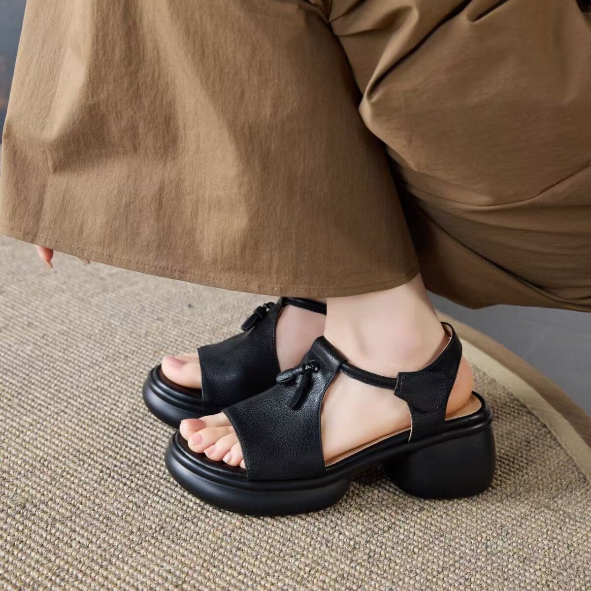 Sandal nữ da thật đế dày mũi hở gót vuông quai ngang — màu đen chi tiết 6
