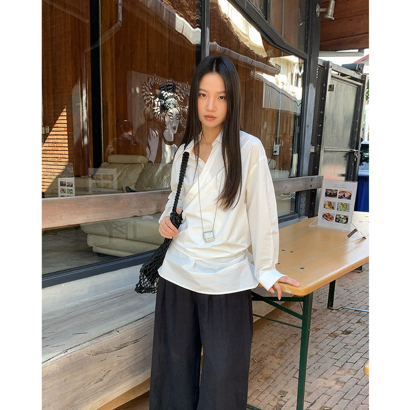 EVERTRUE 2025 Spring Korean Style Casual Loose Design Sense Oblique Button Top Shirt Long Sleeve 39069