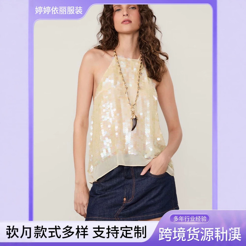 In-Stock New Sexy Sequined Camisole for Women, Short Loose Top, Sequined Halter Top Wholesale
