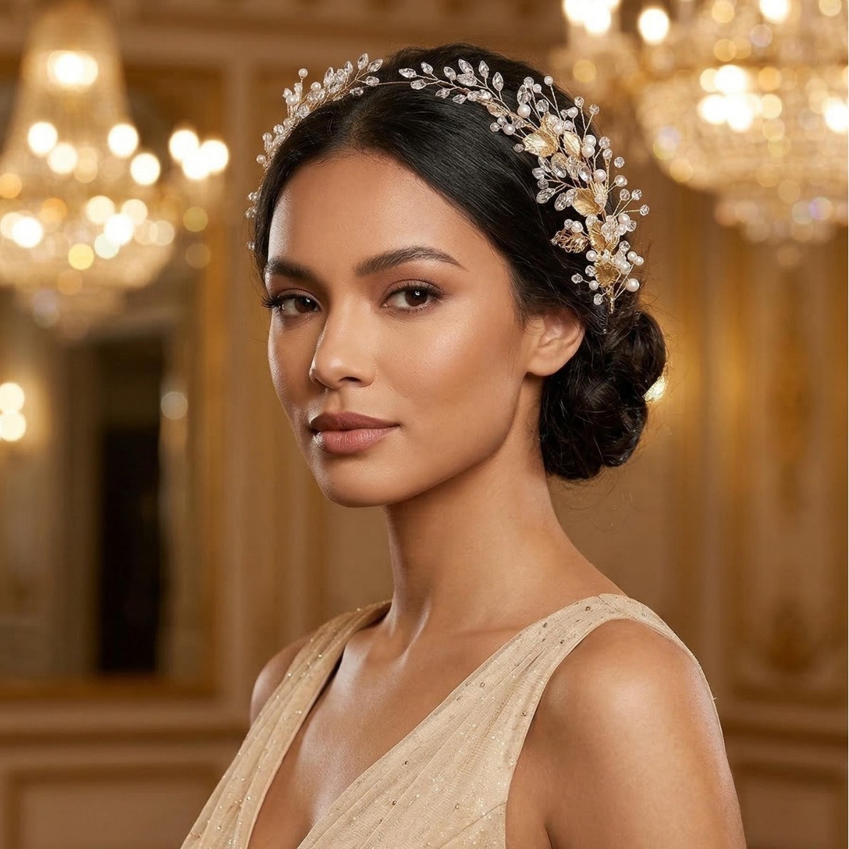 European and American Cross-Border Golden Alloy Leaf Shape Handmade Pearl Hairpin Hairpin Bridal Headdress