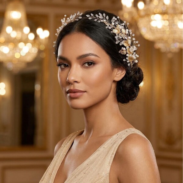European and American Cross-Border Golden Alloy Leaf Shape Handmade Pearl Hairpin Hairpin Bridal Headdress