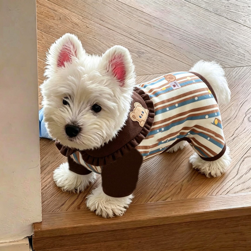 Dog jumpsuit for autumn and winter, new warm German velvet navy collar four-legged outfit for small puppies, Bichon, Teddy home wear