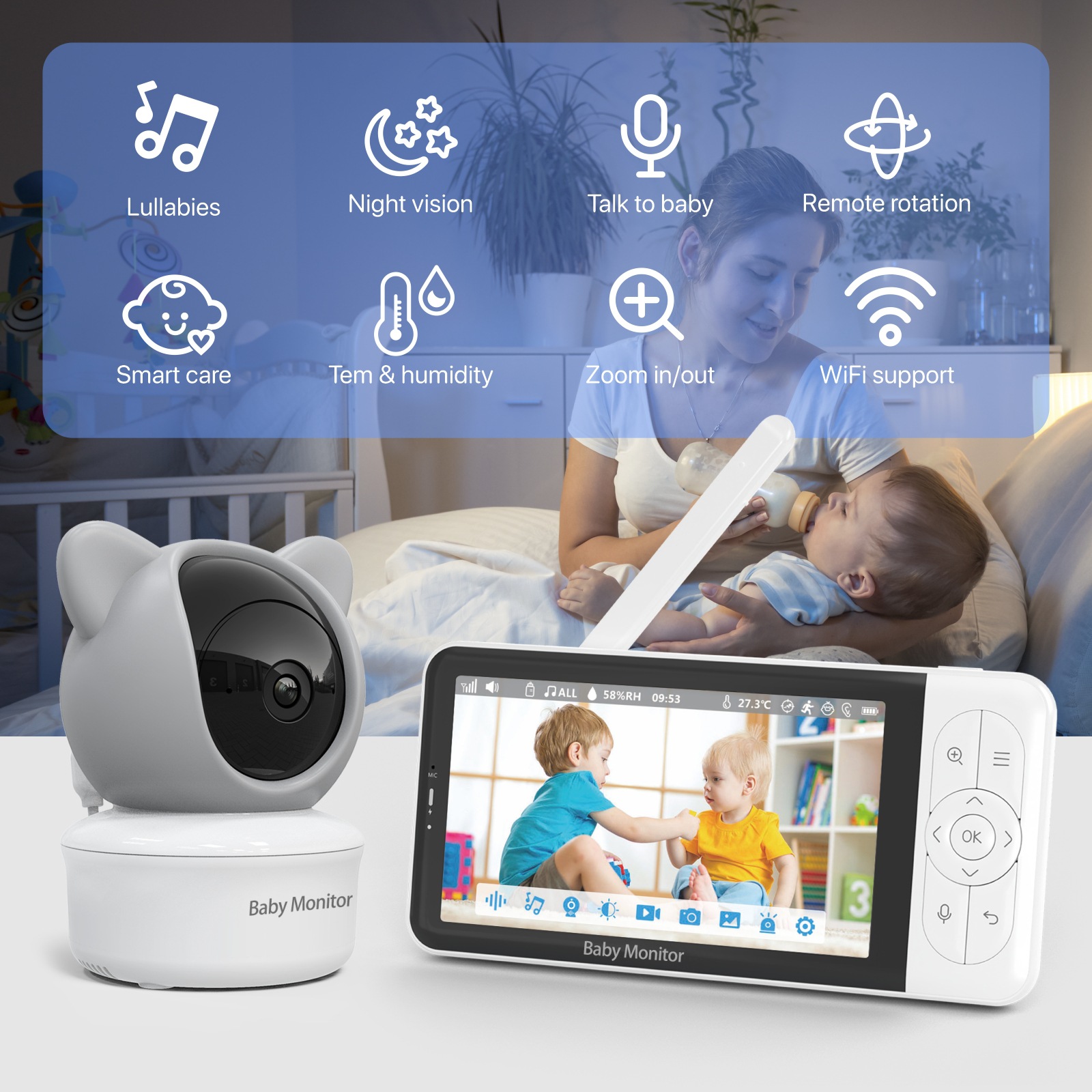 Fábrica de nuevo monitor para bebés de 5 pulgadas intercomunicación de visión nocturna inalámbrica wifi monitor para bebés babyymonitor