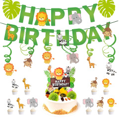 Green leaf animal birthday flag cake card spiral hanging ornaments set school kindergarten party decoration flag