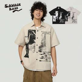 SAVAGEBASE海报涂鸦做旧印花衬衫26夏季新款美式复古休闲短袖衬衣