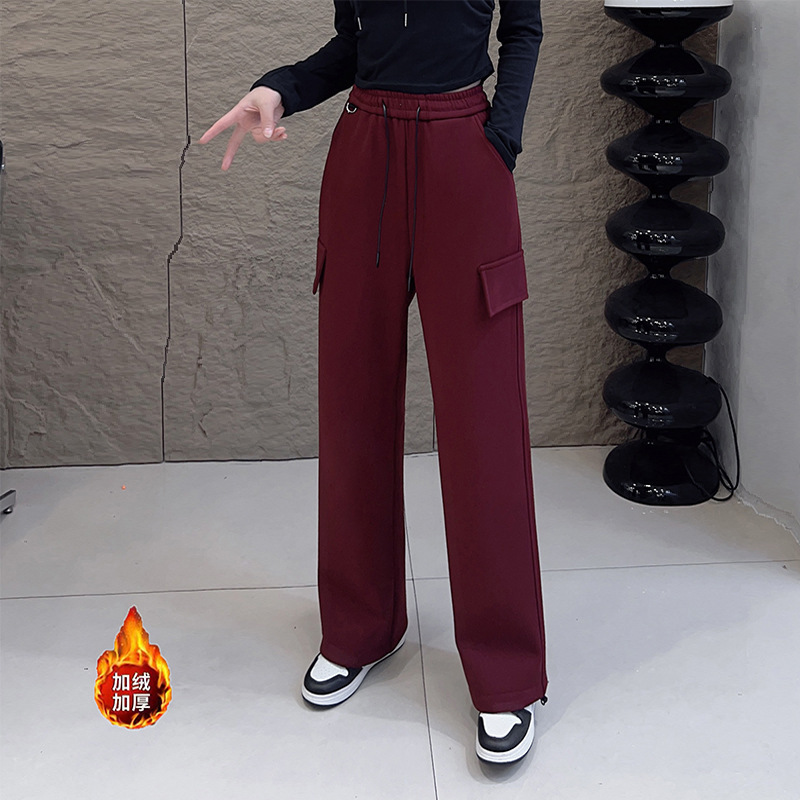 High Waist Drawstring Thickened Overalls Loose Straight Leg Pants New Winter Slimming Wide Leg Pants Women's Sports Casual Pants