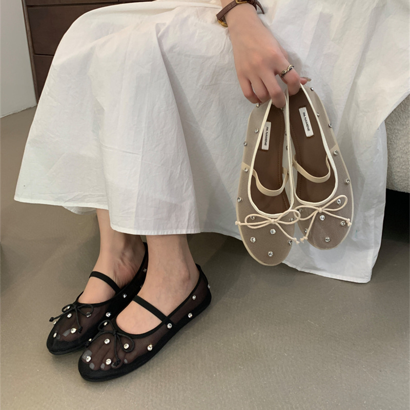 2025 Spring and Autumn New Suede Mary Jane Shoes Soft Flat Shallow Fairy Style Bow Ballet Shoes for Women