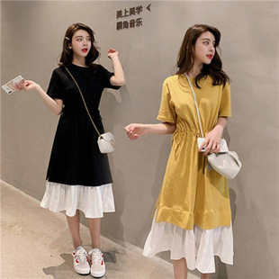 Maternity Dress Korean Loose plus size Stitching Fake Two-piece dress Mid-length Over-the-knee Casual Pregnant Women's Dress Summer