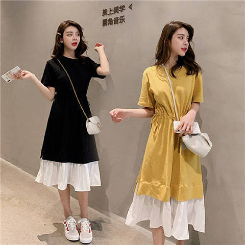 Maternity Dress Korean Loose plus size Stitching Fake Two-piece dress Mid-length Over-the-knee Casual Pregnant Women's Dress Summer