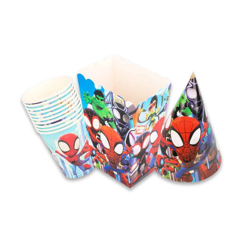 Nueva historieta transfronteriza Spider-Man y su pareja mágica fiesta de cumpleaños de los niños decoración Placa de papel vajilla traje