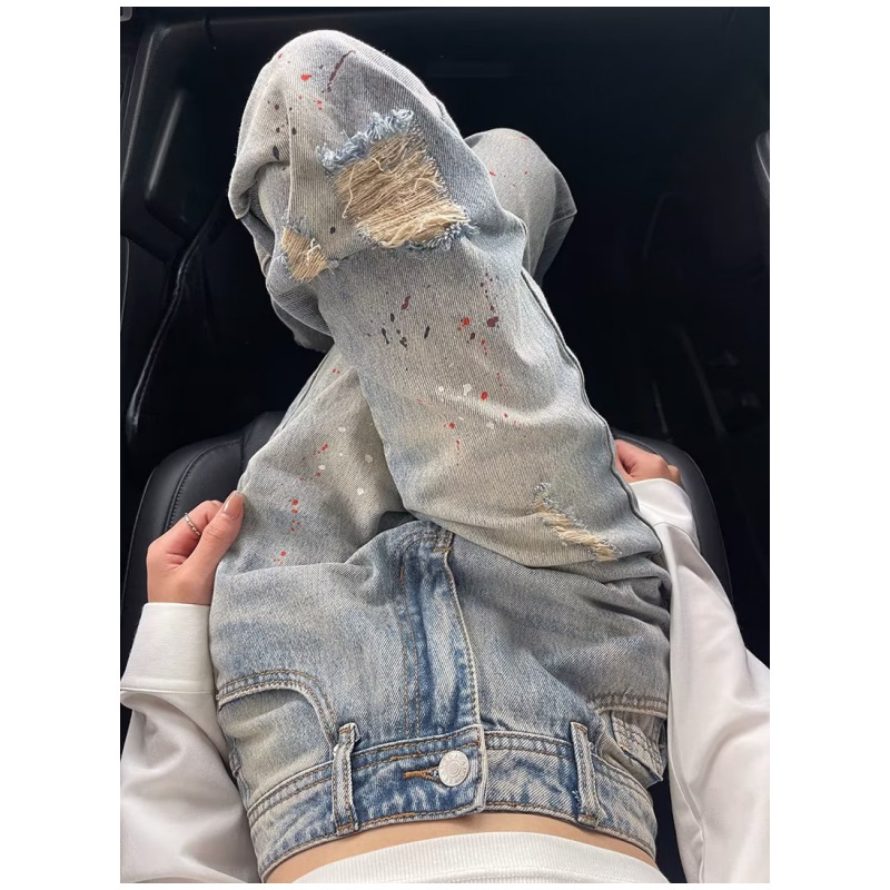 Splash Ink Ripped Straight Jeans Women's Summer New Light Blue High Waist Loose Slimming Narrow Wide Leg Trendy Pants Splash Ink Ripped Straight Jeans Women's Summer New Light Blue High Waist Loose Slimming Narrow Wide Leg Trendy Pants