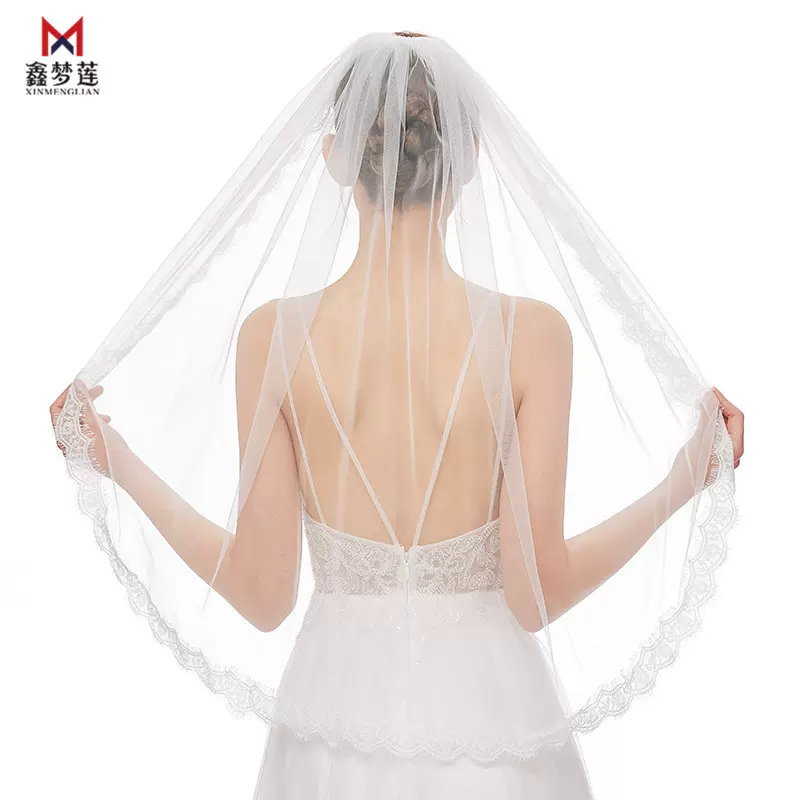 外贸新娘头纱90CM单层小头纱金属发梳睫毛蕾丝新娘简约头纱可批发