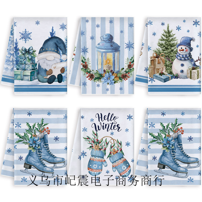 Cross-Border Towel Jit Dropshipping Towel Kitchen Dish Towel Blue Christmas Printed Napkin Combination Set Cross-Border Towel Jit Dropshipping Towel Kitchen Dish Towel Blue Christmas Printed Napkin Combination Set