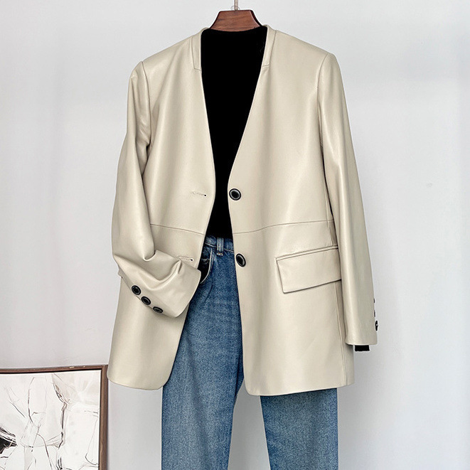 Haining Leather Jacket Women's New Mid-Length Goatskin Leather Jacket Small Suit Large Size Women's Top Jacket