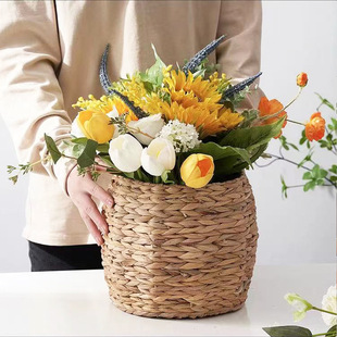 Flower Basket Ornaments Water Hyacinth Grass Woven Large Flower Pot Flower Woven Basket Living Room Basket Green Planting Flower Arrange Decorative Rattan Woven