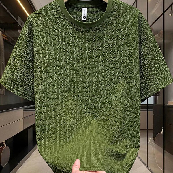 Summer Seersucker High-Quality Textured Sleeveless Round-Neck Men's Short-Sleeve T-Shirt New Solid Color Top Half-Sleeve Undershirt