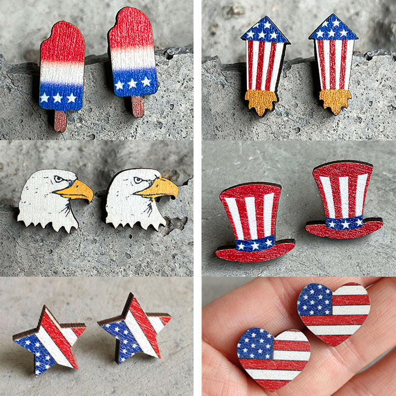 Independence Day Festival American Flag Pattern Original Design American Flag Wood Independence Day Women's Ear Studs