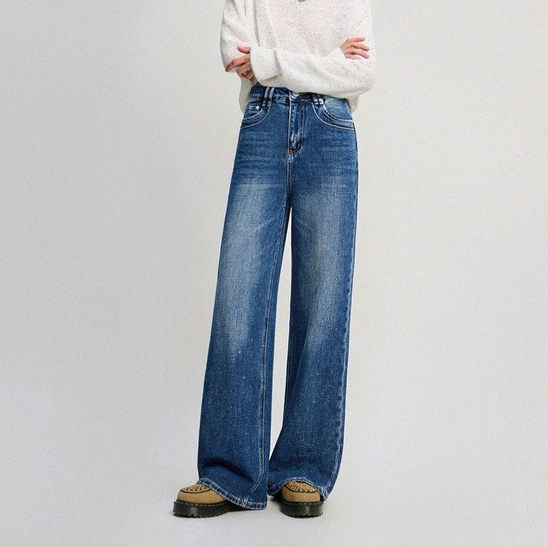 Rhinestone-Embellished Vintage Blue Jeans_2026 New Style Wide-Leg Pants High-Waisted Slimming Versatile Pants 6079