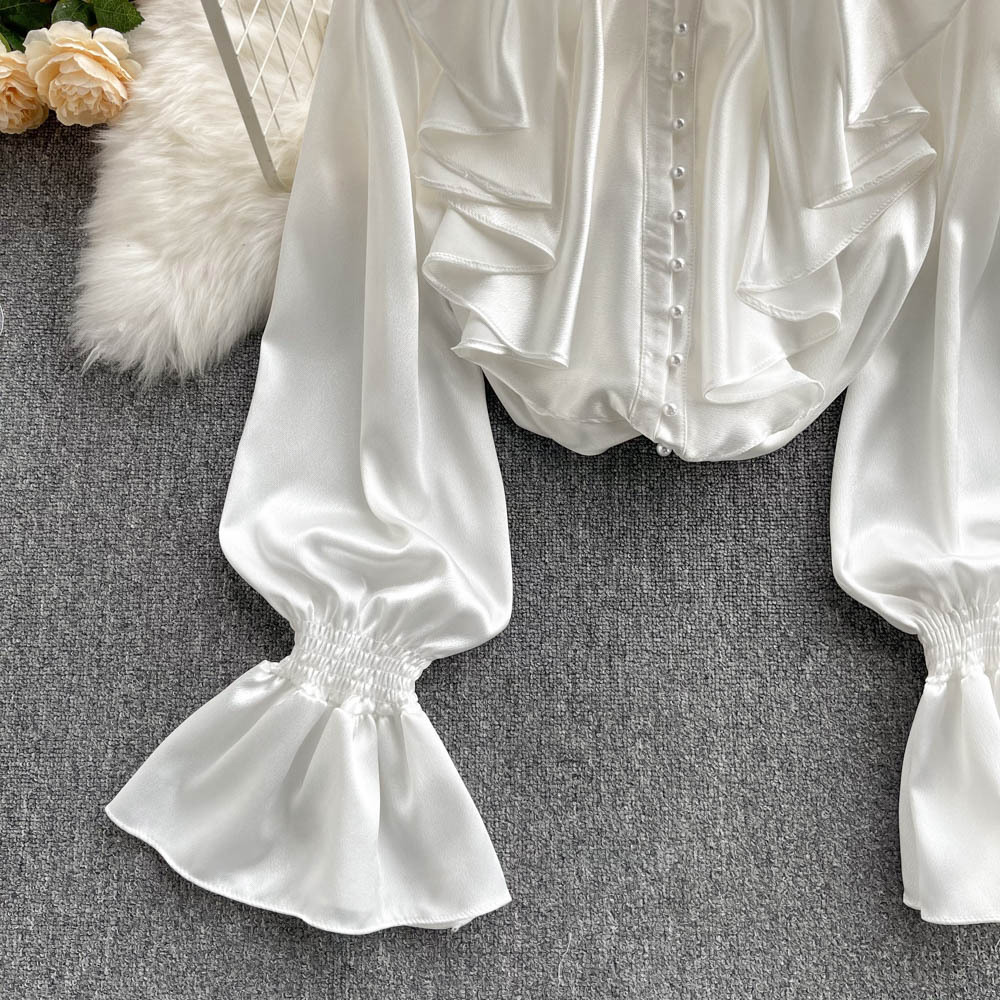 Chic GraceChic GraceChic GraceChic Foreign Trade French High-End Shirt For Women With Ruffled Stand Collar, Single-Breasted Sweet And Elegant Lantern_voghion.com