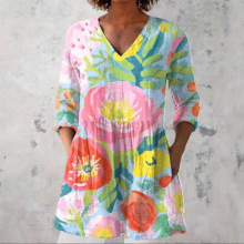 独立站新款女装衬衫口袋短袖连衣裙创意鱼图案度假风连衣裙C264