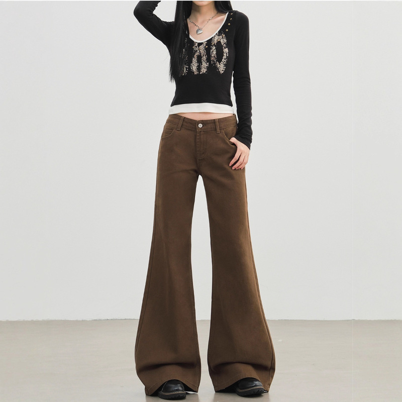 Coffee-Colored Melard Pants, Slightly Flared Jeans for Women, Autumn and Winter, Fleece-Lined, American-Style, Low-Waisted, Loose Fit, Slimming, Straight-Leg Flared