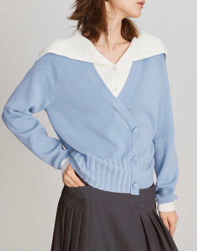 ELLE法式设计感假两件毛针织衫女2025春装新款拼接撞色软糯毛衣|undefined
