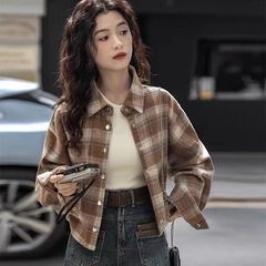复古磨毛棉加厚宽松短外套春秋新款小个子格纹短款长袖衬衫女