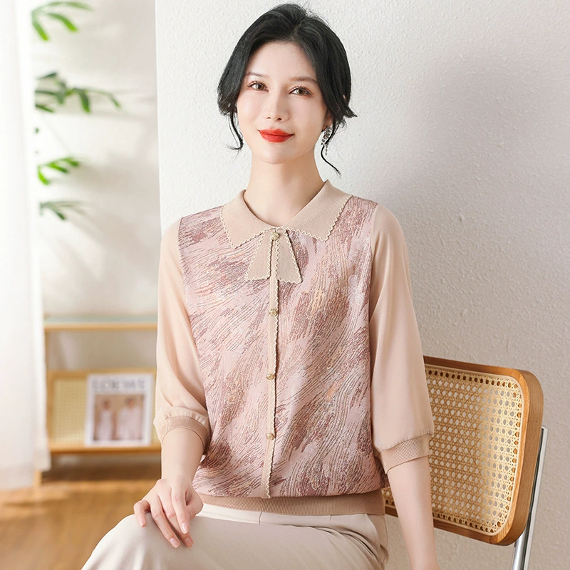 Мама весенняя одежда в западном стиле цветочный Топ для женщин среднего возраста шифоновый свитер с рукавами из пряжи среднего и пожилого возраста одежда Весенняя и Осенняя рубашка Новинка