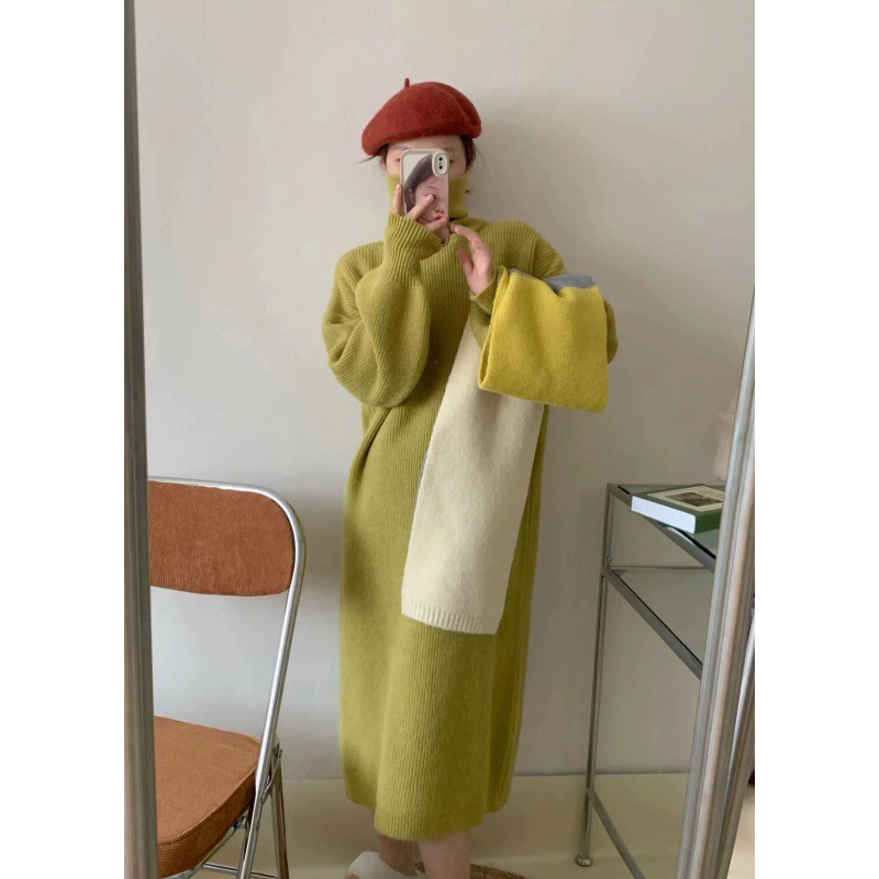 Демисезонное вязаное платье, длинный свитер, юбка, корейский стиль, oversize