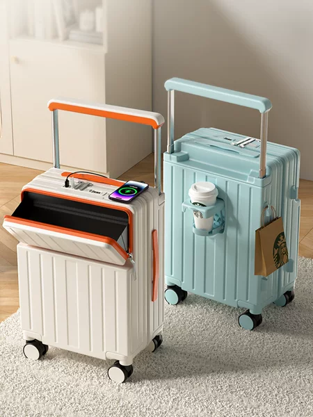 Wide Trolley Suitcase Men's and Women's Front Opening 20inch Boarding Case Water Cup Holder Password Suitcase Lightweight Boarding