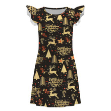 跨境外贸童装夏季新款女童裙子卡通印花时尚甜美圆领飞飞袖连衣裙