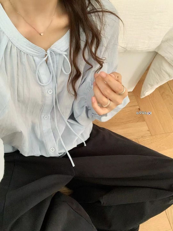 2025韩系甜美气质插肩系带圆领长袖衬衫上衣简约文艺宽松泡泡袖|undefined