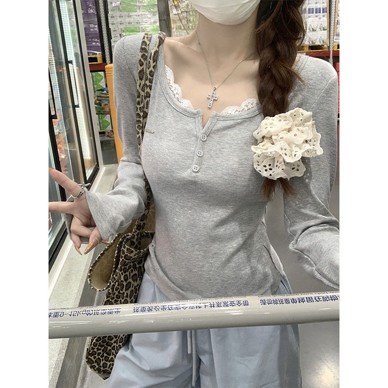 아침 칼라 [원래 좋은 직물] 순수한 바람 레이스 어깨 긴 소매 티셔츠 여성의 이른 가을 새로운 슬림 핏