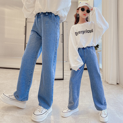 2024 New Trendy Children's Jeans Girls' Spring and Autumn Straight Pants Medium and Large Children's Solid Color Wide Leg Pants Children's Pants Wholesale
