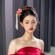 新中式花朵頭飾仿珍珠流蘇發簪國風優雅旗袍秀禾服配飾漢服飾品
