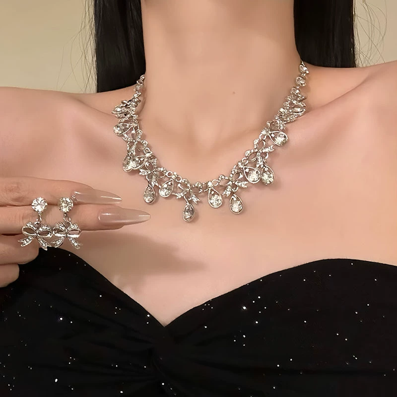 (Cross-border trading), necklace and earrings with bow drop-shaped with tassels, set, nail sequins for bride, new collection, light luxury style