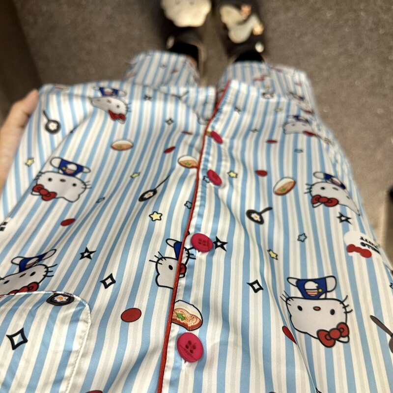 New Style Blue Fresh Noodles Kitty Ice Silk Pajamas Women's High-end Sweet Cute Hello Kitty Home Clothes