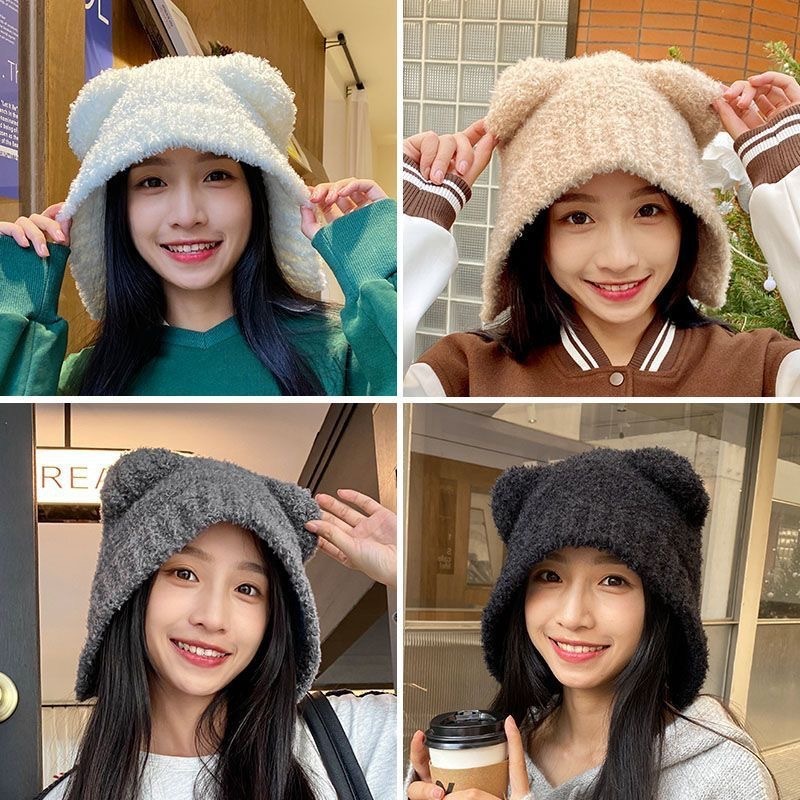 クマのニット帽、かわいいウールのぬいぐるみ、女性の秋冬の万能韓国版、暖かいぬいぐるみ、大きな頭囲、小さな顔|undefined