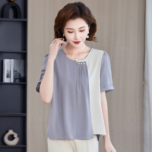 Mom's Summer Casual Shirt Short-Sleeved Style Top 2025 New Middle-Aged and Elderly Women's Summer Thin T-Shirt Small Shirt for Women
