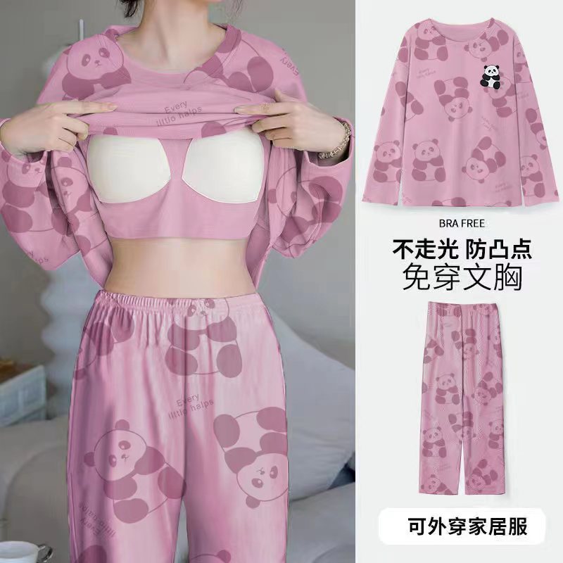Cross-Border Live Broadcast Popular Spring and Autumn Women's Pajamas with Breast Pads, Imitation Cotton Long-Sleeved Trousers Suit, Sweet Home Wear Women's Suit