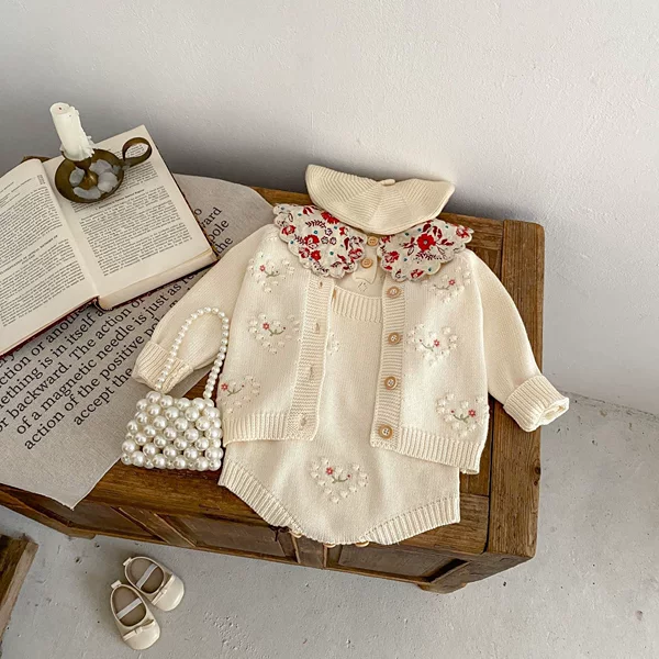 Infant 2025 Baby Girl Knitted Cardigan Romper Two-Piece Set with Heart Dot Embroidery Sweater Outfit for New Year