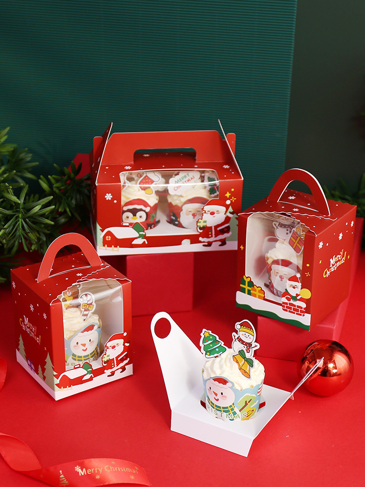 圣诞节纸杯蛋糕盒马芬杯包装杯子打包西点纸烘焙手提透明盒子袋